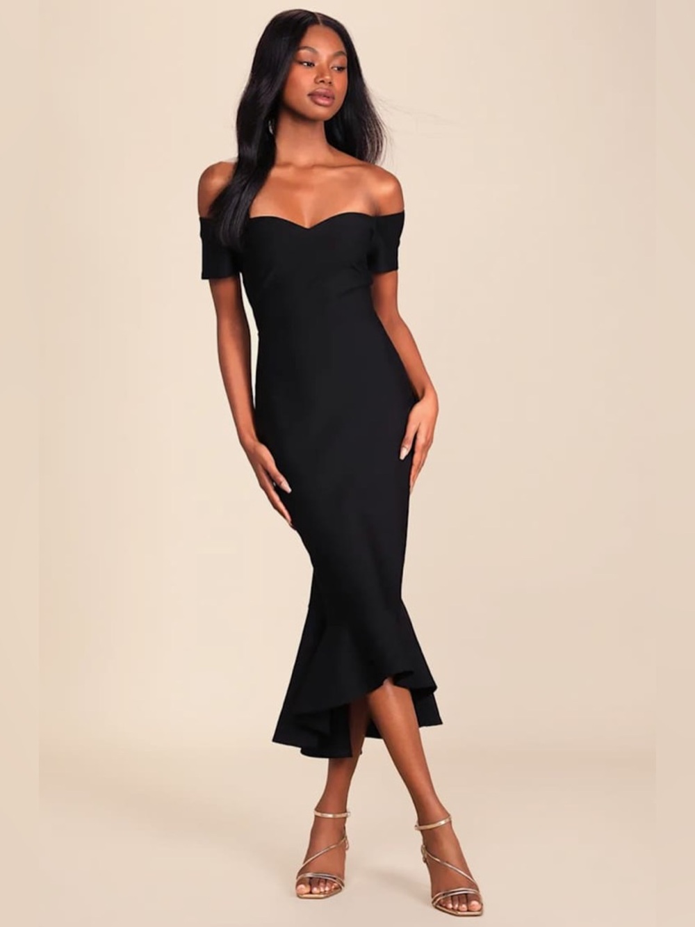 Lulus How Much I Care Black Off-the-Shoulder Midi Dress Size M